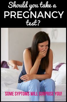 a woman sitting on top of a bed with her hand over her mouth and the words, should you take a pregancy test?