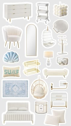 various white furniture and accessories are arranged on a gray background with the words suff written below them