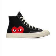 New High Tops Black Converse Play Comme Des Garcons, Comme Des Garcons Play Converse, Converse X Cdg, Converse X Comme Des Garcons, Chuck 70 High Top, Cdg Converse, Play Converse, Black High Top Shoes, Converse Outfits