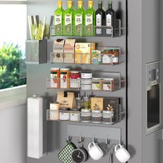 an organized kitchen pantry is shown in this image