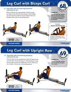 the instructions for how to use a rowing rower on an exercise bench, including leg curl with biceps curl