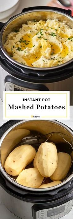 instant pot mashed potatoes in an electric pressure cooker with text overlay reading instant pot mashed potatoes