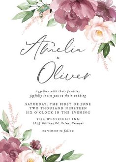 an elegant wedding card with watercolor flowers and greenery on the front, in pink