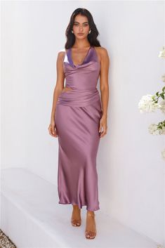 Bridesmaid Dresses Midi, Purple Satin Dress, Sorority Recruitment Outfits, Fancy Event, Recruitment Outfits, Purple Maxi Dress, Purple Bridesmaid Dresses, Prom Shopping, Dress Guide