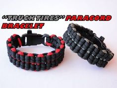 two black and red paracord bracelets with the words truck tires on them