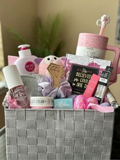 a basket filled with lots of beauty products