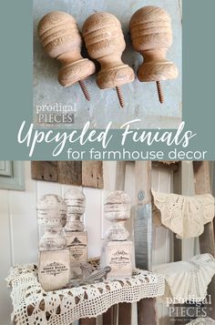 an upcycled table with jars and doily on it, and the words'upcycled furnitures for farmhouse decor '