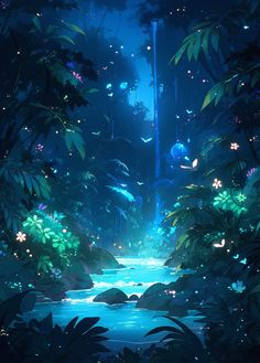 an image of a stream in the woods at night with stars and lights on it