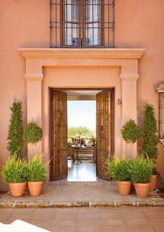 an entrance to a large building with potted plants on either side and a balcony in the background