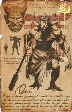 an old paper with a drawing of a demon holding a baseball bat on it's shoulder