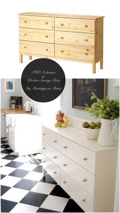 a white dresser sitting on top of a black and white checkered floor next to a chalkboard