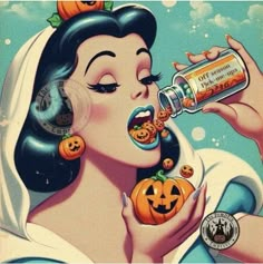 a woman drinking from a bottle with pumpkins on her nose and wearing a tiara