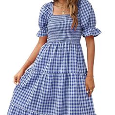 Introducing Your New Favorite Summer Dress! This Nwt Blue Plaid Midi Combines Cottagecore Aesthetic With Modern Flair, And Farmer's Daughter Charm. Featuring A Squared Neckline, Puff Sleeves, And A Smocked Top, It's Both Chic And Comfy. Embrace The Season In Style With This Delightful Piece. Approximate (Flat) Measurements: Length: 41.5n Top: 13.5in (Stretchy) 100% Cotton #Summerfashion #Cottagecore #Newwithtags #Farmersdaughter #Plaid Blue Casual Midi Dress With Ruffles, Blue Tiered Midi Dress For Day Out, Casual Light Blue Dress For Picnic, Blue Tiered Midi Dress For Spring, Blue Casual Dresses With Smocked Bodice, Blue Casual Dress With Smocked Bodice, Casual Ruched Dress For Picnic, Casual Blue Dresses With Smocked Bodice, Light Blue Casual Dress For Picnic