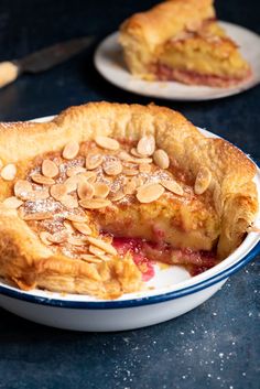 a close up of a pie in a bowl on a table