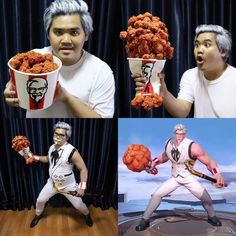 four different shots of the same person holding popcorn and chicken balls in their hands, while another man holds up a cup