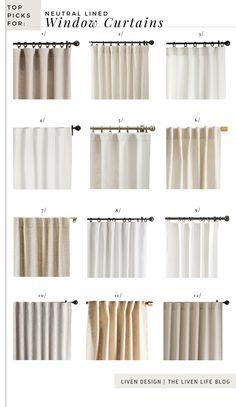 the different types of curtains for windows and doors with names on each side, including one in