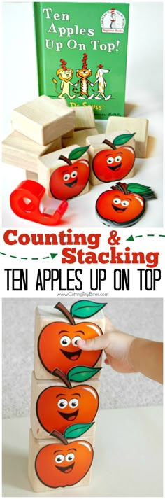 counting and matching apples up on top with text overlay that reads counting and stacking ten apples up on top