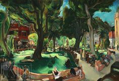 a painting of people sitting on benches in a park