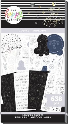 the happy planner sticker pack is shown in black and white, with zodiac symbols on it