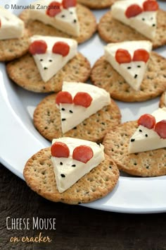 crackers with cheese and pepperoni are arranged in the shape of mouse heads on a white plate