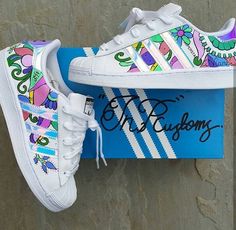 Custom Adidas Shoes, Painted Adidas Superstar, Custom Trainers, Custom Tennis Shoes, Canvas Shoes Diy, Sequin Sneakers