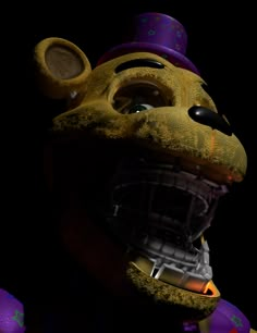 a creepy looking teddy bear wearing a purple hat