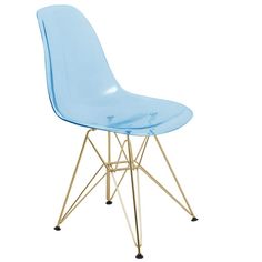 a blue plastic chair sitting on top of a metal frame