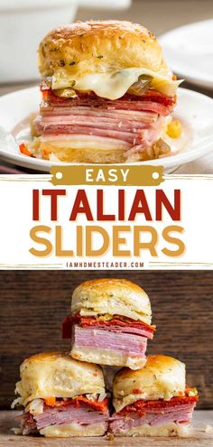 the italian sliders are stacked on top of each other and ready to be eaten