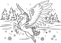 an image of a horse with wings in the air and snowflakes around it