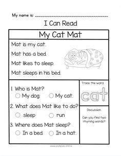 worksheet for reading the cat in the hat with pictures and words on it