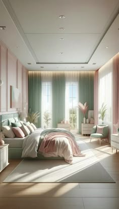 a bedroom with pink and green decor in it