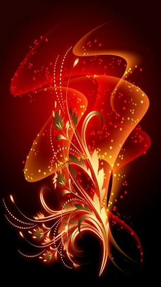 an abstract red and yellow background with swirls, leaves and dots on it's edges