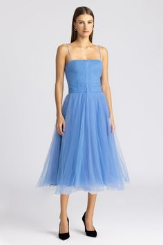 With a pleated tulle bodice, this dress is party-ready. Crafted in a Marine hue tulle, the flattering ballerina neckline is suspended with adjustable pin-thin straps and offset with a airy, layered midi-length skirt. Tulle Bodice, Pleated Tulle, Tulle Midi Dress, Cocktail Gowns, Forget Me Nots, Midi Length Skirts, Zac Posen, Midi Length, Dresses For Sale