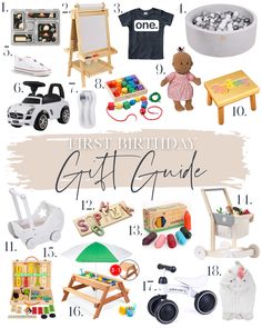 the first birthday gift guide for children with toys and gifts in it, including an infant's toy