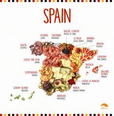 an illustrated map of spain with all the main food items labeled in spanish and english