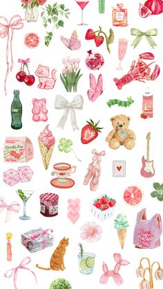 a bunch of stickers that are on the side of a white wall with pink and green decorations