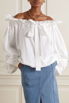 PATOU Grosgrain-trimmed ruffled cotton-poplin blouse | NET-A-PORTER Poplin Blouse, High Rise Pants, Cotton Poplin, Net A Porter, Women Collection, Luxury Design, Porter, Loose Fitting, Top Blouse