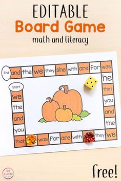 a printable board game with pumpkins on it and two dices next to it