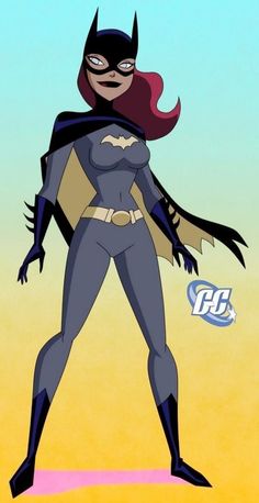 the animated batgirl is standing in front of an orange background