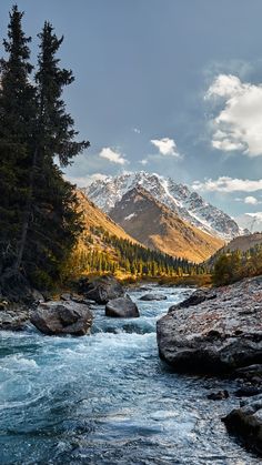 a river flowing through a lush green forest filled with mountains in the distance and trees on either side