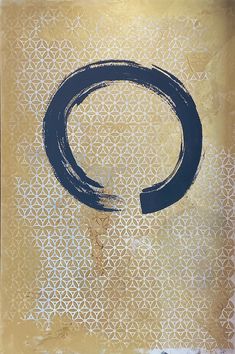 an abstract painting with the letter o in blue and gold colors on a beige background