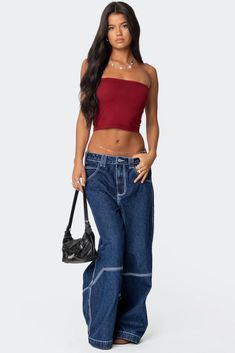 Super Wide Contrast Stitch Low Rise Jeans Date Outfit Ideas, Visionary Fashion, First Date Outfits, Date Outfit, Low Waist Jeans, Jeans Low, Swimwear Dress, Waist Jeans, Low Rise Jeans