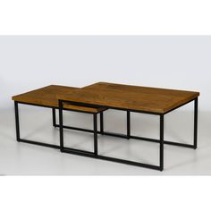 two wooden tables with metal frames on each side, one is brown and the other is black