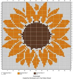 a cross - stitch sunflower pattern is shown in orange and brown, with the center surrounded by smaller squares