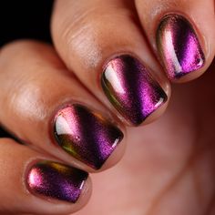 Starrily Velvet Sky Dive Nail Polish: Overview:• Pink, purple, gold color shifting magnetic nail polish• Can be magnetized with a magnetic tool, sold separately• Best applied in 2-3 coats or 1-2 coats over Vantablack Description: High above the Winter Carnival, lies the Velvet Sky Dive, a ride that promises to take you on a surreal journey. The ride is a magnificent structure, adorned with hues of deep pink, soft purple, and glints of gold, mimicking the captivating colors of the setting sun. It's as if the ride itself is a piece of the twilight sky, brought down to earth for the carnival-goers to experience. As the ride begins, you are swiftly lifted into the air, and the world below slowly fades away. The sky around you transforms into a canvas of pink, purple and gold, the colors swirli Sky Dive, Velvet Sky, Magnetic Nail Polish, Winter Carnival, Magnetic Tools, Twilight Sky, Magnetic Nails, Color Swirl, Indie Nail Polish