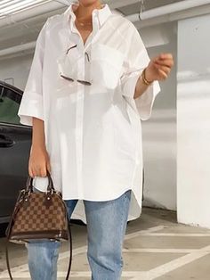 Loose Shirt Collar Plain Casual Blouse | stylewe Oversized Linen Collared Blouse, Relaxed Fit Long Sleeve Poplin Blouse, Elegant White Poplin Shirt, Oversized White Solid Color Blouse, Linen Blouse Outfit, White Relaxed Fit Poplin Shirt, White Blouse Outfit, Long White Blouse, Shirt Collar Pattern