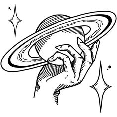 a black and white drawing of a hand holding an object in the shape of saturn