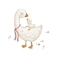 an illustration of a mother duck holding her baby in her arms with dandelions flying around