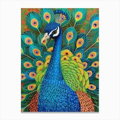 a painting of a peacock with lots of feathers on it's head and tail