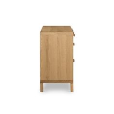 a wooden cabinet with two doors on one side and an open drawer on the other